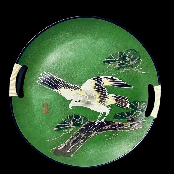 (2) Vintage Serving Trays Japanese W/Handles & Hand Painted Bird & Flower Design - Picture 3 of 7